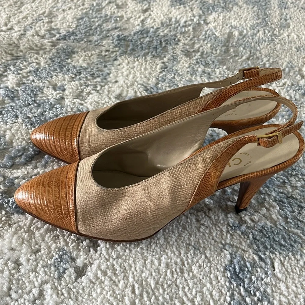 Vintage CHANEL Beige Canvas and Leather Slingback Pumps Size 8 - Picture 6 of 10